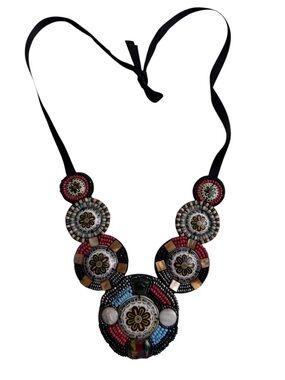 Statement Beaded Mosaic Necklace Bib Multicolor Ribbon Tie